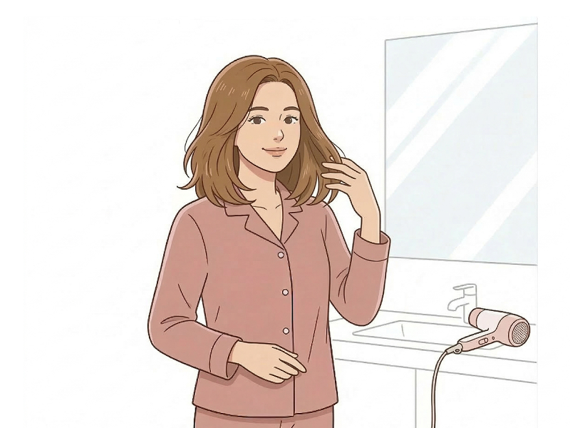 ドライヤーで髪を乾かした後の女性のイラスト