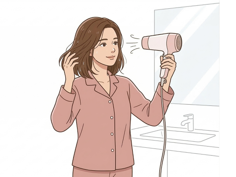 ドライヤーで髪を乾かす女性のイラスト