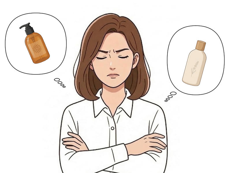 頭皮の保湿にはどのようなローションがいいか迷っている女性のイラスト