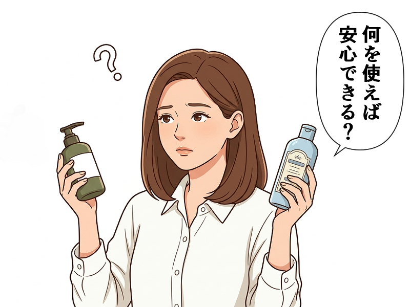 頭皮ケア用品で何を選べば正解なのか悩む女性のイラスト