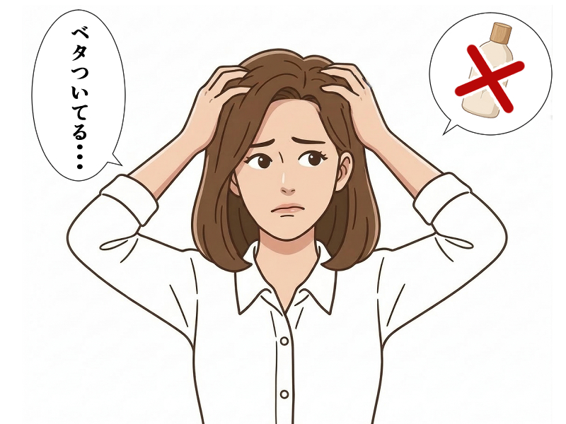 頭皮ケア用品のべたつきが気になっている女性のイラスト