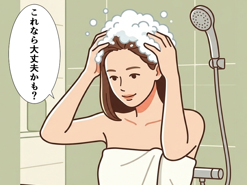 シャンプーを新しく変えて、自分の髪に合うか確かめている女性のイラスト