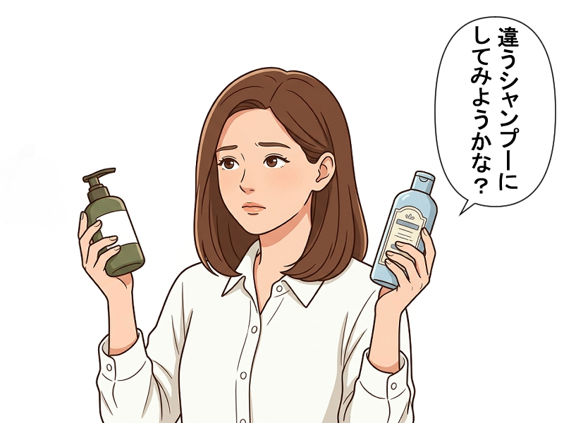 さっぱりシャンプーをやめて他のものに変えようとしている女性のイラスト