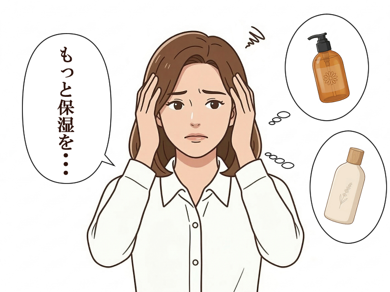 もっと保湿をしなければと悩む女性のイラスト