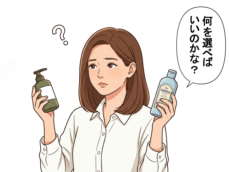シャンプー選びで迷っている女性のイラスト