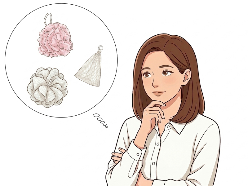 泡立てネットの違いについて考える女性のイラスト