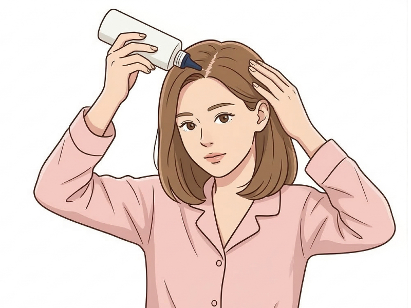 頭皮しっとりローションを分け目をつけて塗布するイラスト